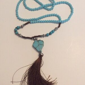 Fringed pendant necklace turquoise color beaded bj